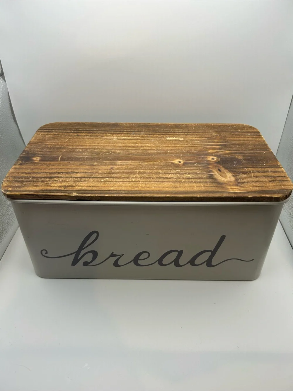 Rustic Cream Metal Bread Box with Wooden Lid Country Kitchen Storage